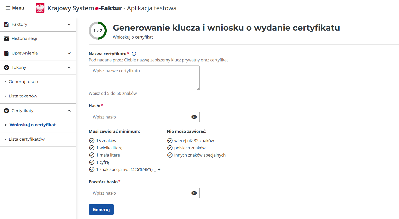 Generowanie certyfikatu