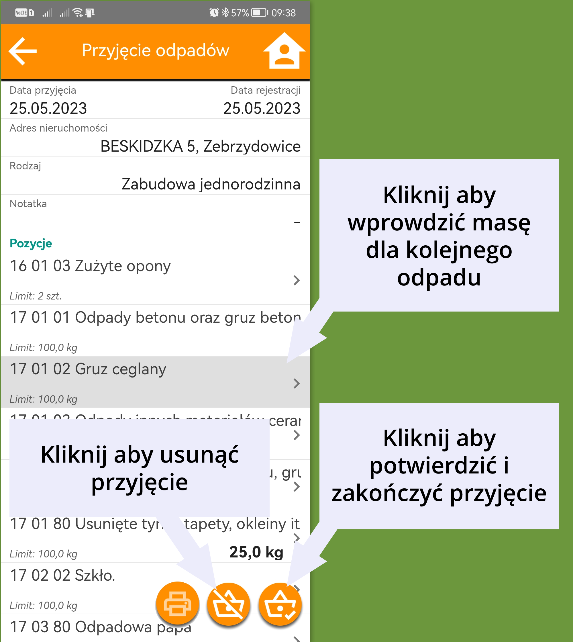 przyjęcia w toku - edycja przyjęcia odpadu