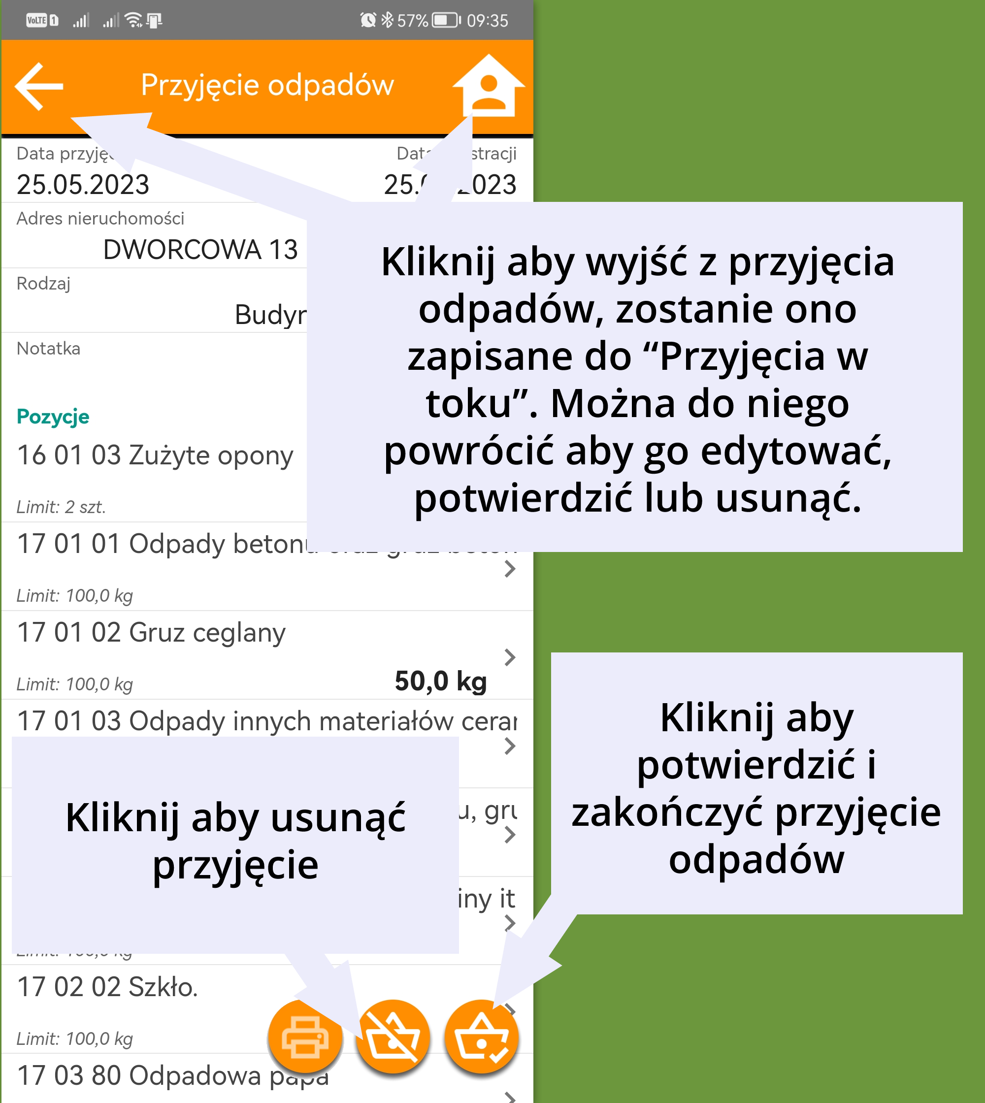 przyjęcie odpadów - potwierdzenie,usuniecie