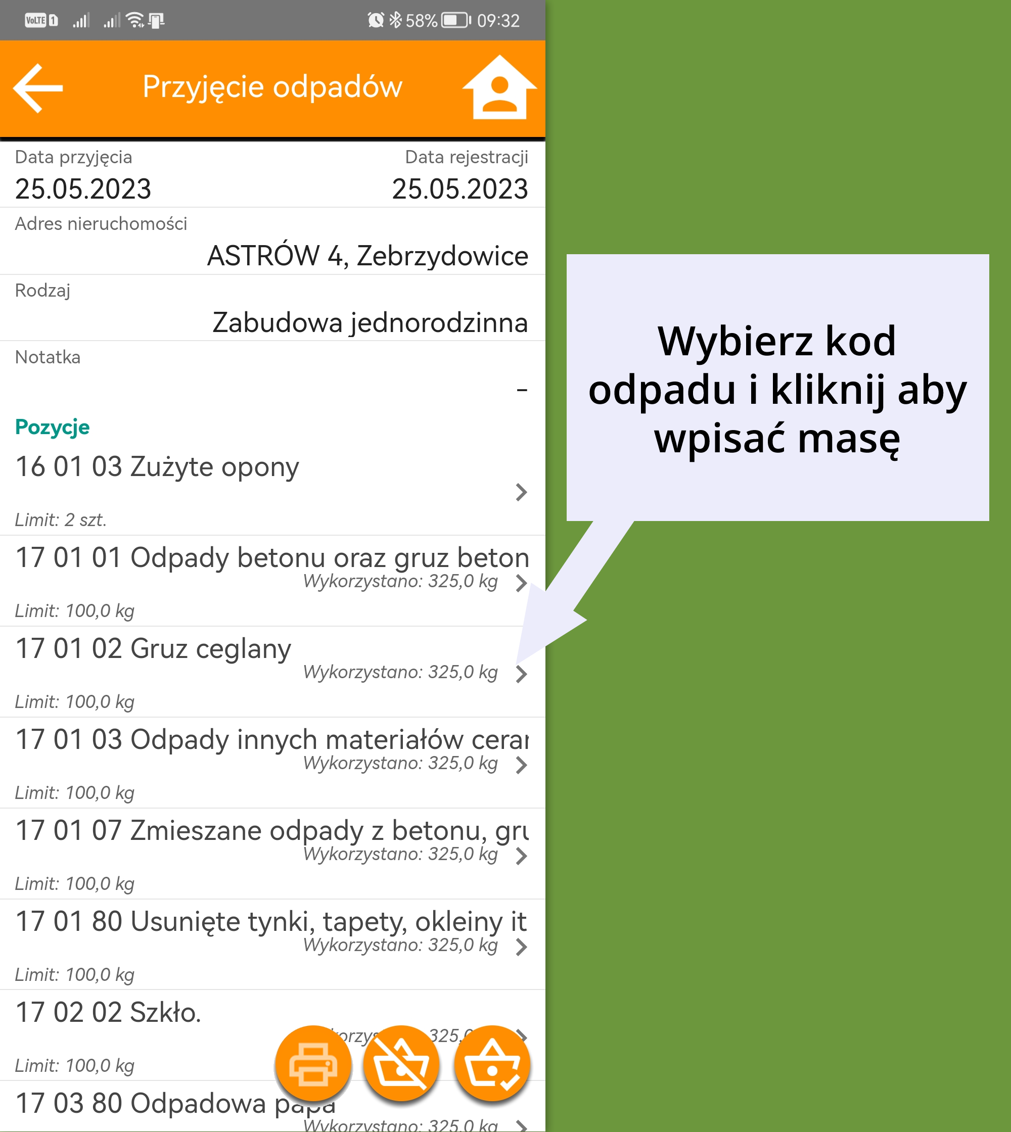 przyjęcie odpadów - wybór kodu
